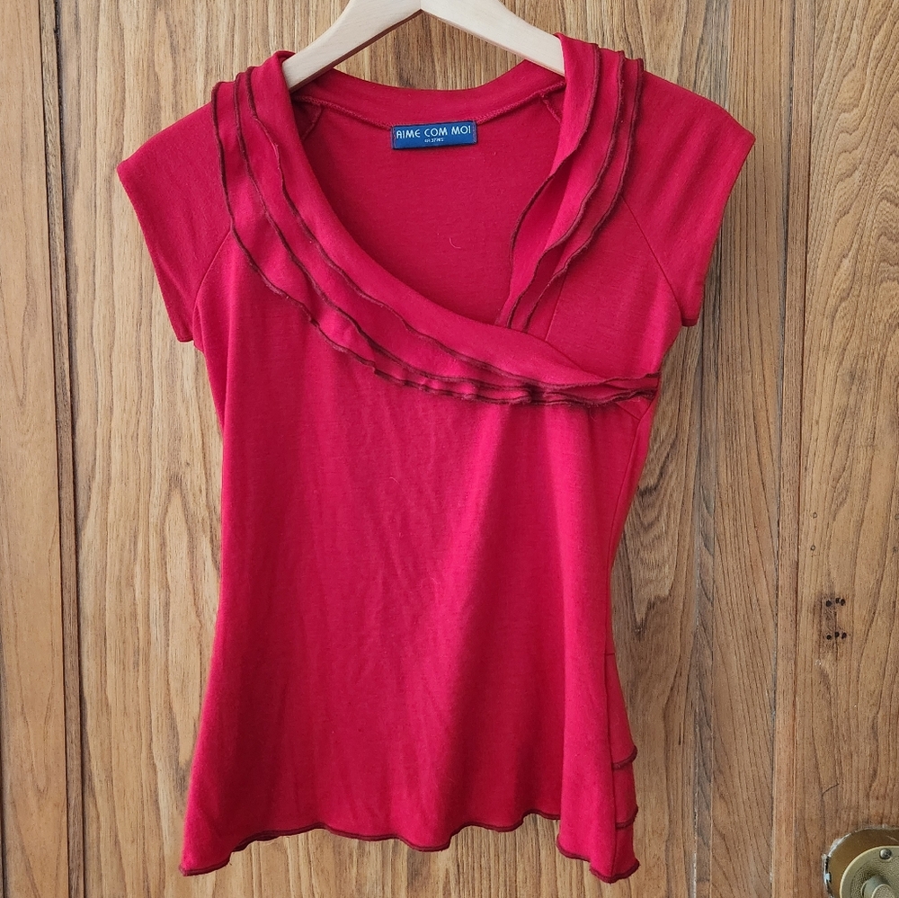 Red Cap Sleeve Ruffled Blouse By Montreal Designer Aime Comme Moi.